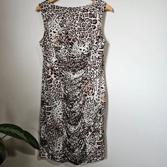 EUC CALVIN KLEIN ANIMAL PRINT SOFT STRETCY MID RUCHED MIDI DRESS SIZE M / PET L - Picture 2 of 16